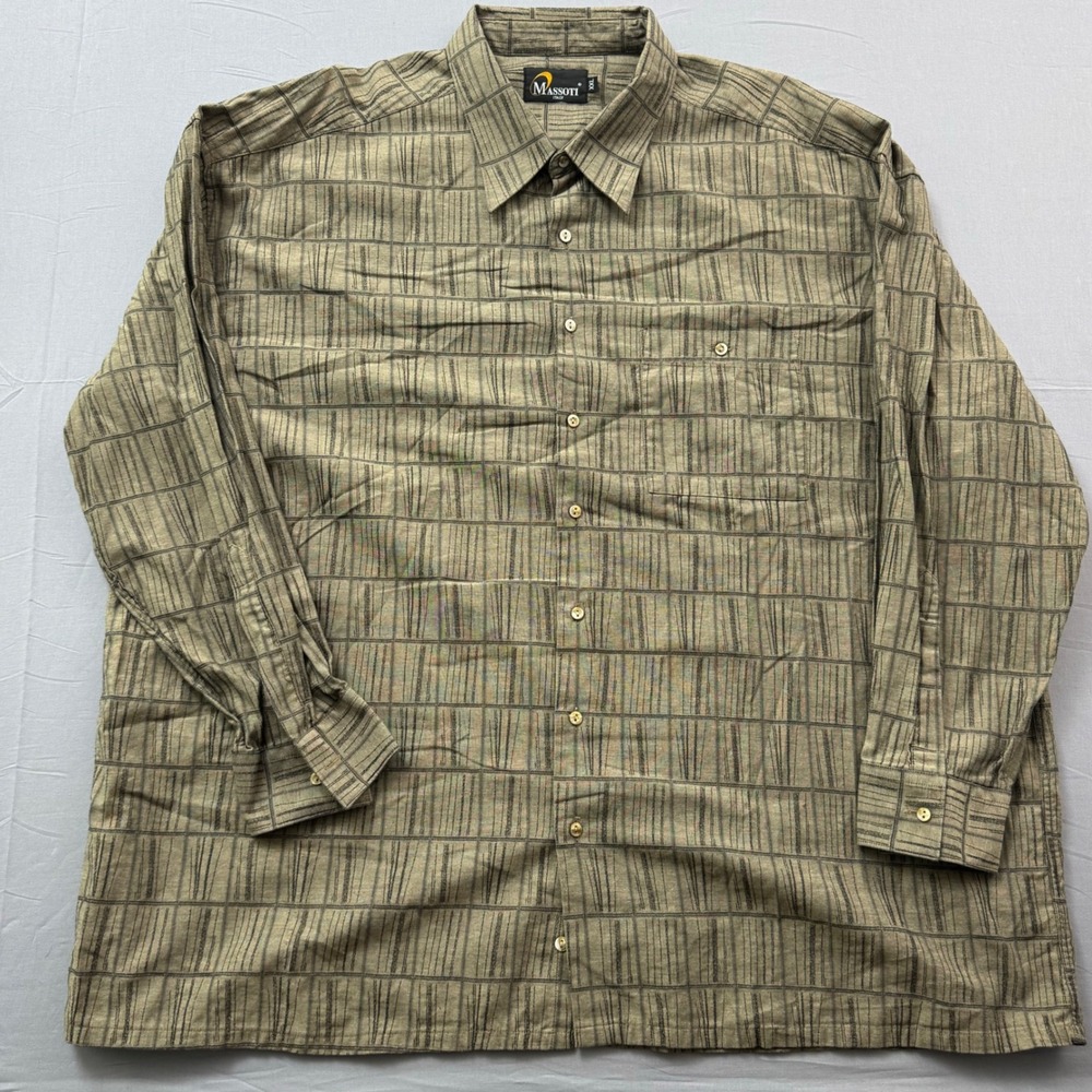 Massoti Italy Mens XXL Long Sleeve Button Front Shirt Olive Green Geometric Grid